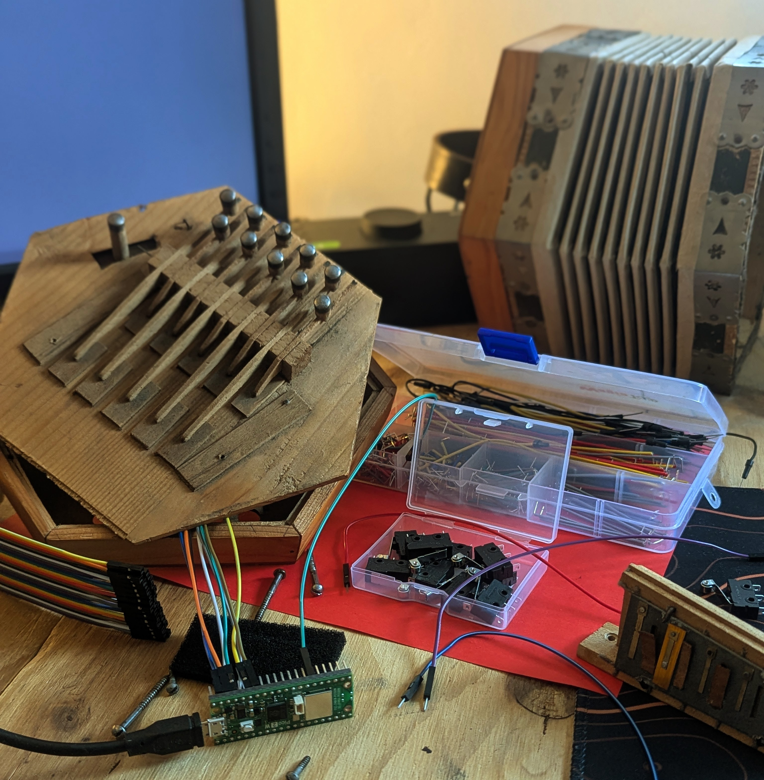 The microswitches and wiring laid out during the build.